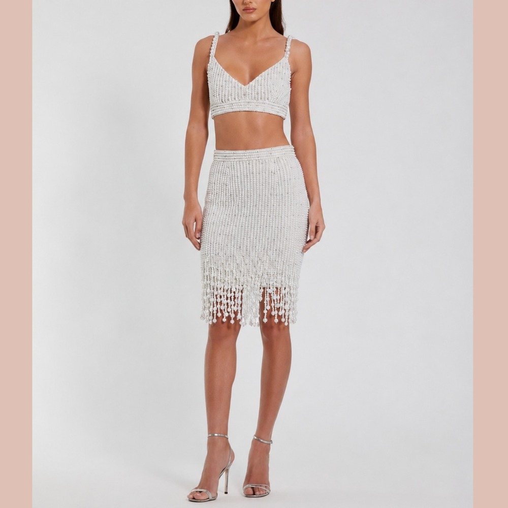 NWT Mac Duggal [ 2PC SET Medium ]‎ Pearl Beaded Bra Top + Mini Skirt White J2419